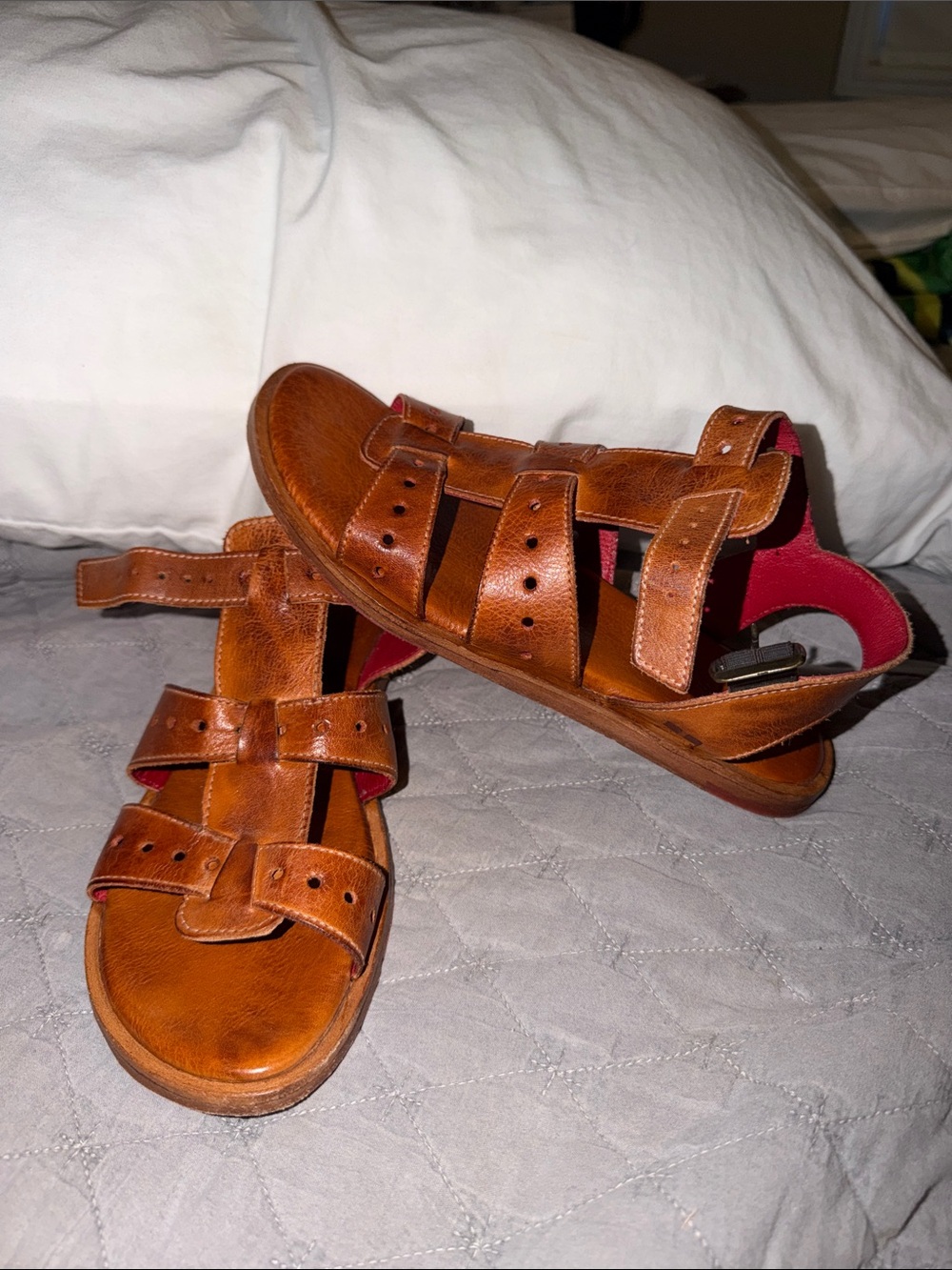 Bed Stu Cognac Brown Leather Strappy Sandals with Red Lining